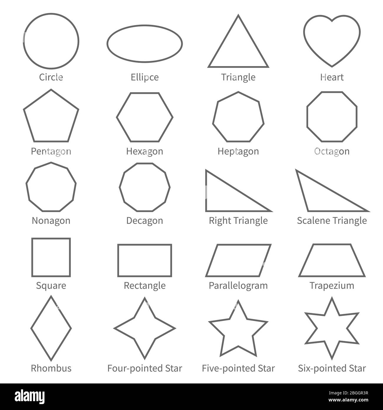 Einfache geometrische Kontur flache Formen. Pädagogische Geometrie Vektor-Diagramm für Kinder. Vektorquadrat und Rechteck, Ellipse und Dreieck Illustration Stock Vektor