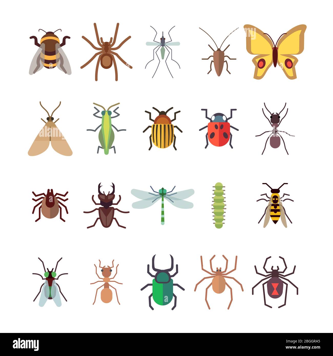 Flache Insekten Symbole gesetzt. Schmetterling, Libelle, Spinnen, Ameise isoliert auf weißem Hintergrund. Vektor Insekt Marienkäfer und Käfer, Libelle und Schmetterling Illustration Stock Vektor