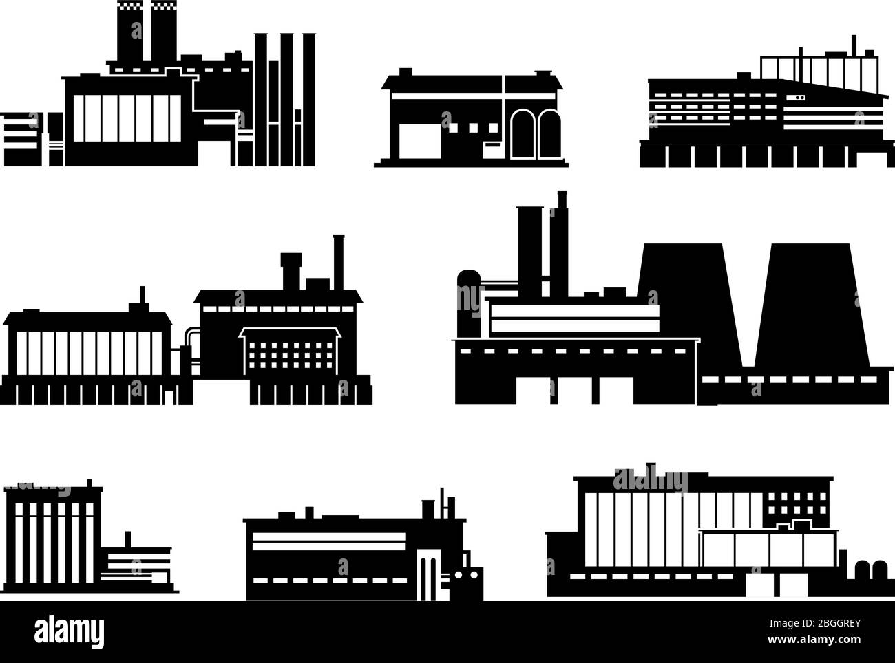 Fabrik, Energie und Fertigungswerk schwarz Silhouette Symbole isoliert. Vektorsymbole für schwere Industriezweige. Abbildung der Industriegebäude-Fabrik Stock Vektor