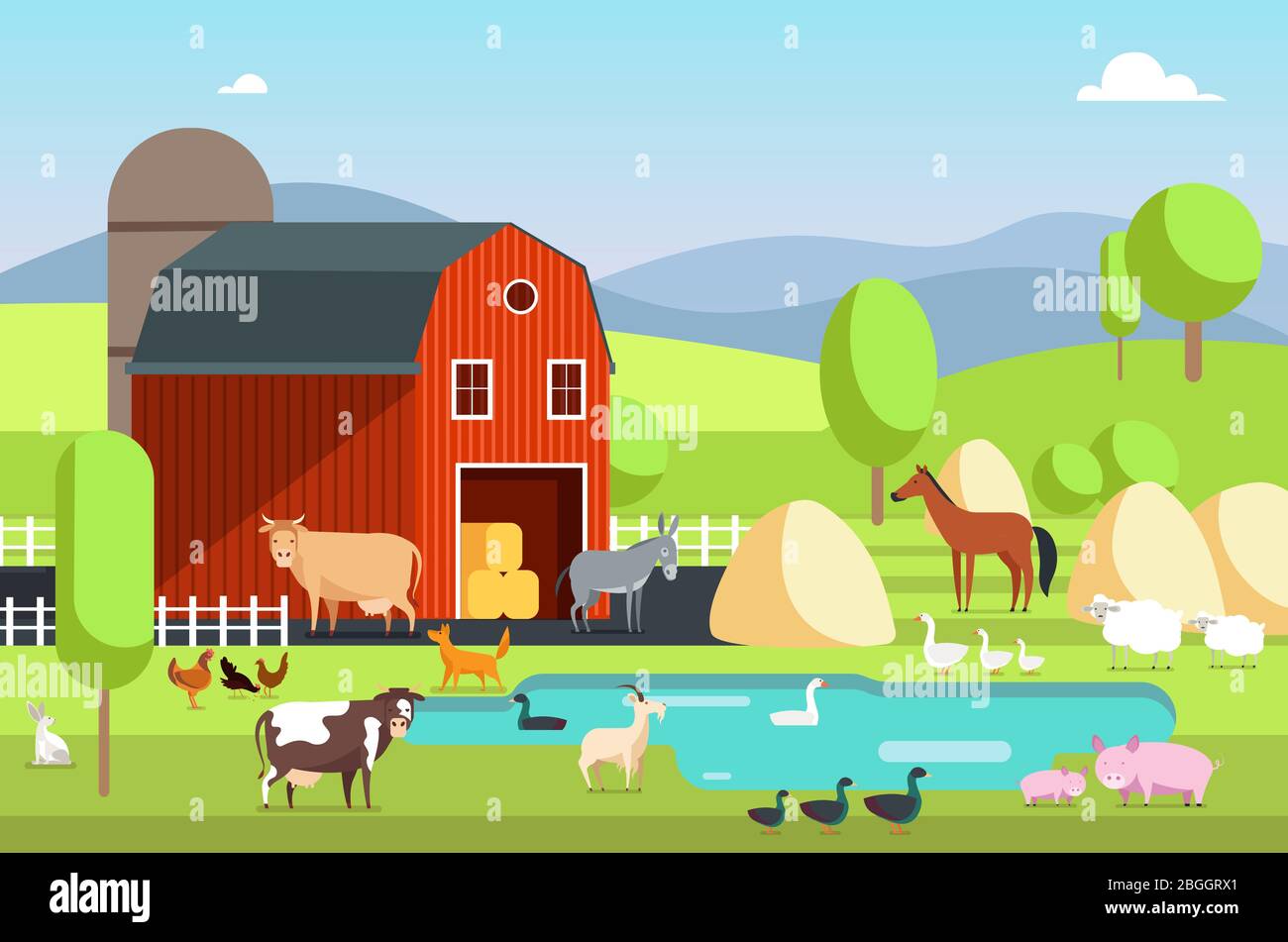 Ranch Haus, Bauernhof Gebäude und landwirtschaftliche Tiere in ländlicher Landschaft. Eco Farm flachen Hintergrund Vektor-Illustration Stock Vektor