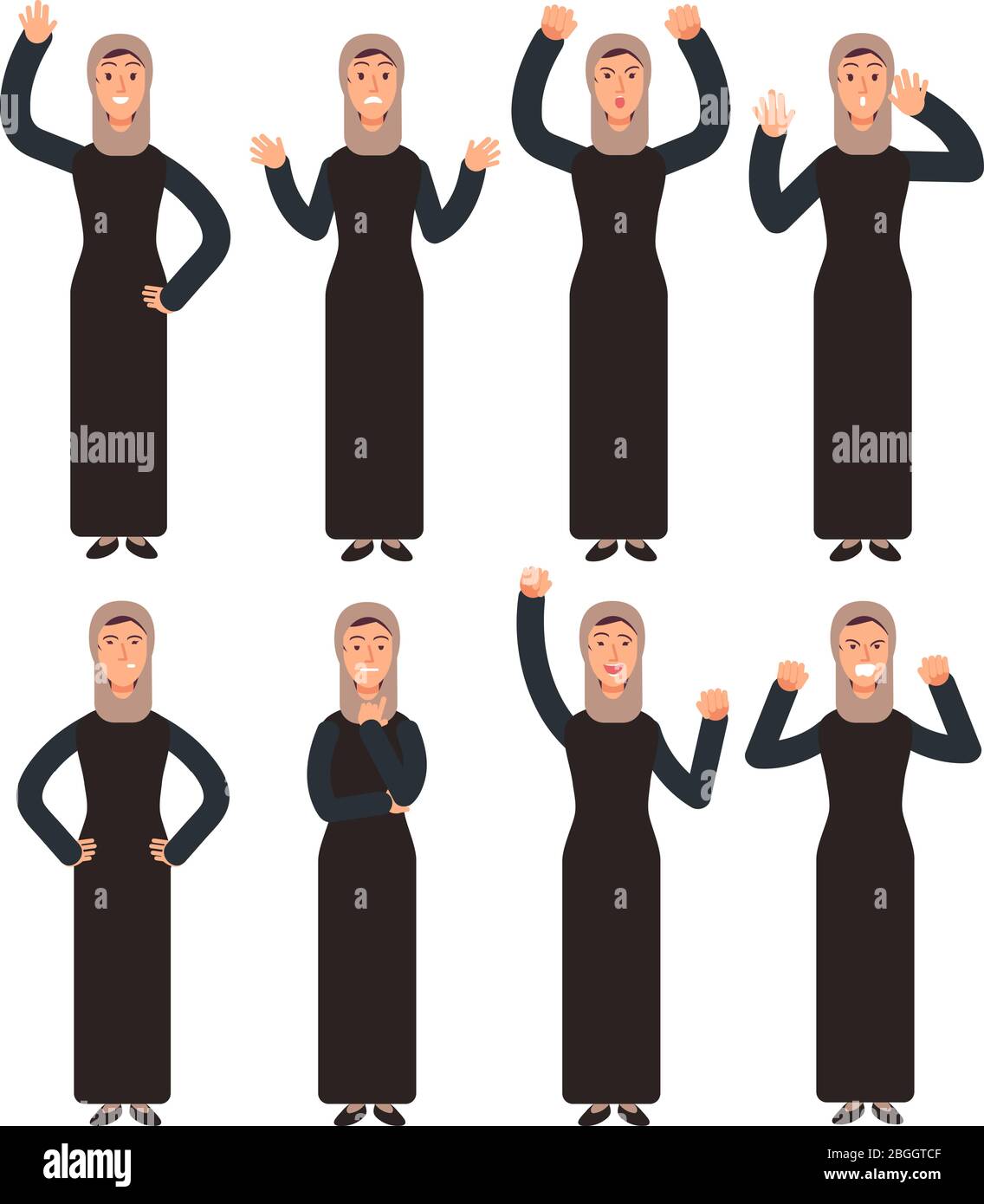 Arabische Frau mit verschiedenen Handgesten und Gesichtsemotionen stehend. Weibliche muslimische Vektorzeichen gesetzt. Illustration des Charakters muslim, arabische Frau Emotion Stock Vektor
