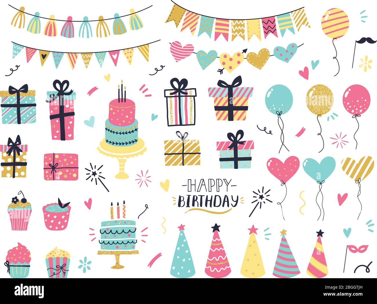 Party Feier Hand gezeichnete Elemente. Gruß Geburtstagskarte Details, Luftballons, Girlanden, Cupcakes, Konfetti und Kuchen. Vektor der Grußkarte Stock Vektor