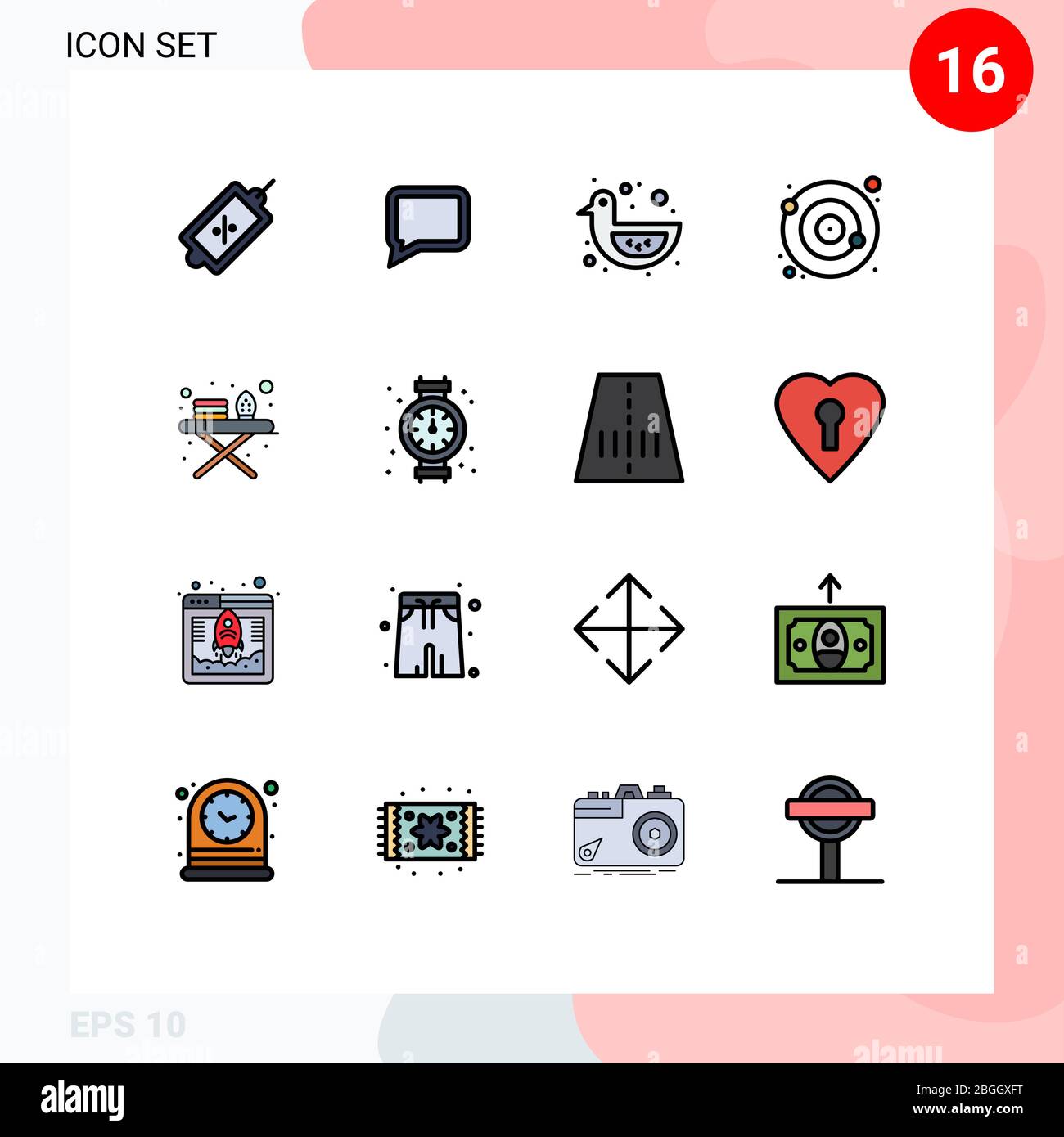 Set von 16 modernen UI-Symbole Symbole Symbole Zeichen für Bügelwerkzeuge, Bügelbrett, Ente, Satellit, Mond editierbar Kreative Vektor Design-Elemente Stock Vektor