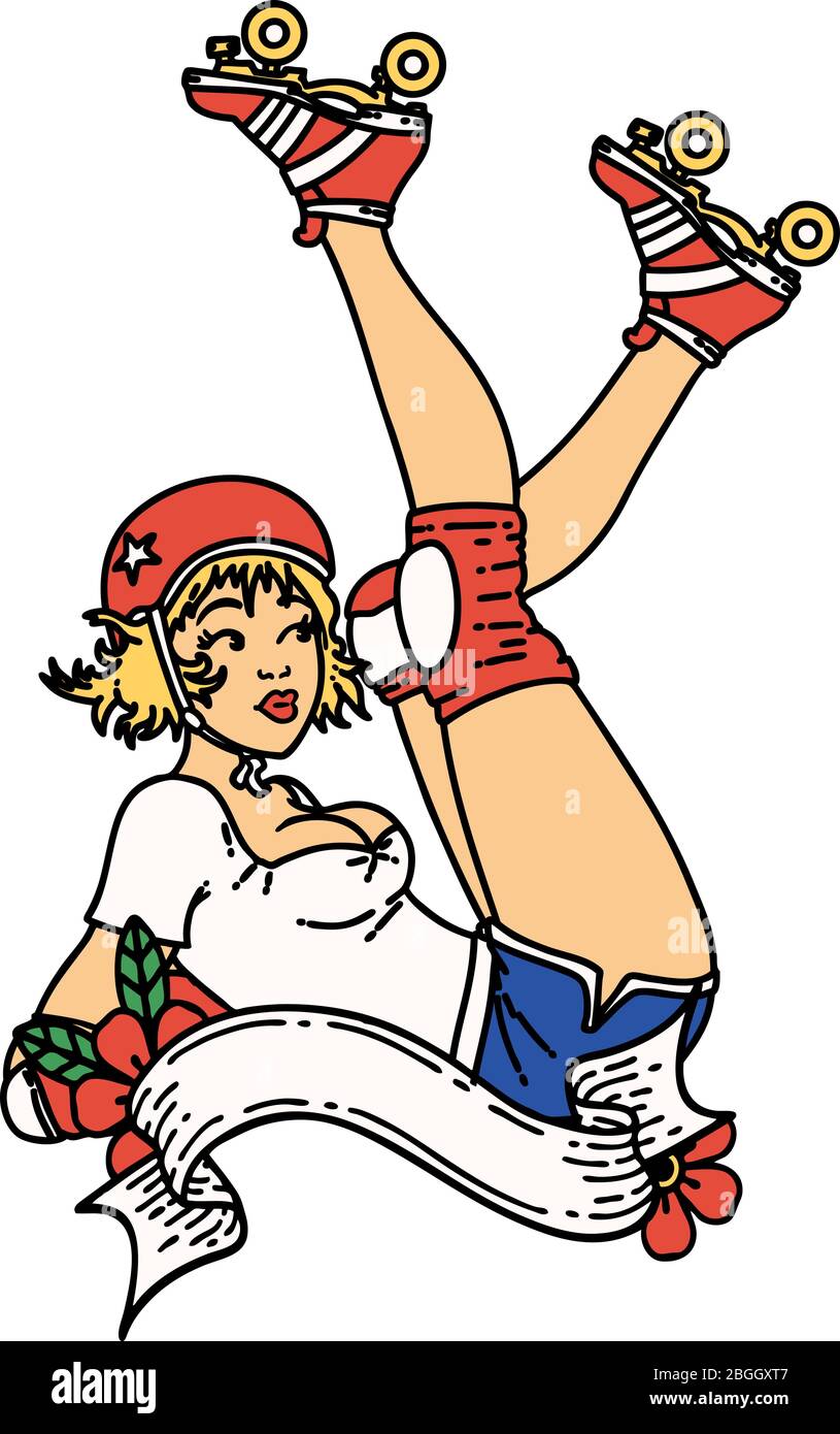 Tattoo Im Traditionellen Stil Eines Pinup Roller Derby Madchen Mit Banner Stock Vektorgrafik Alamy