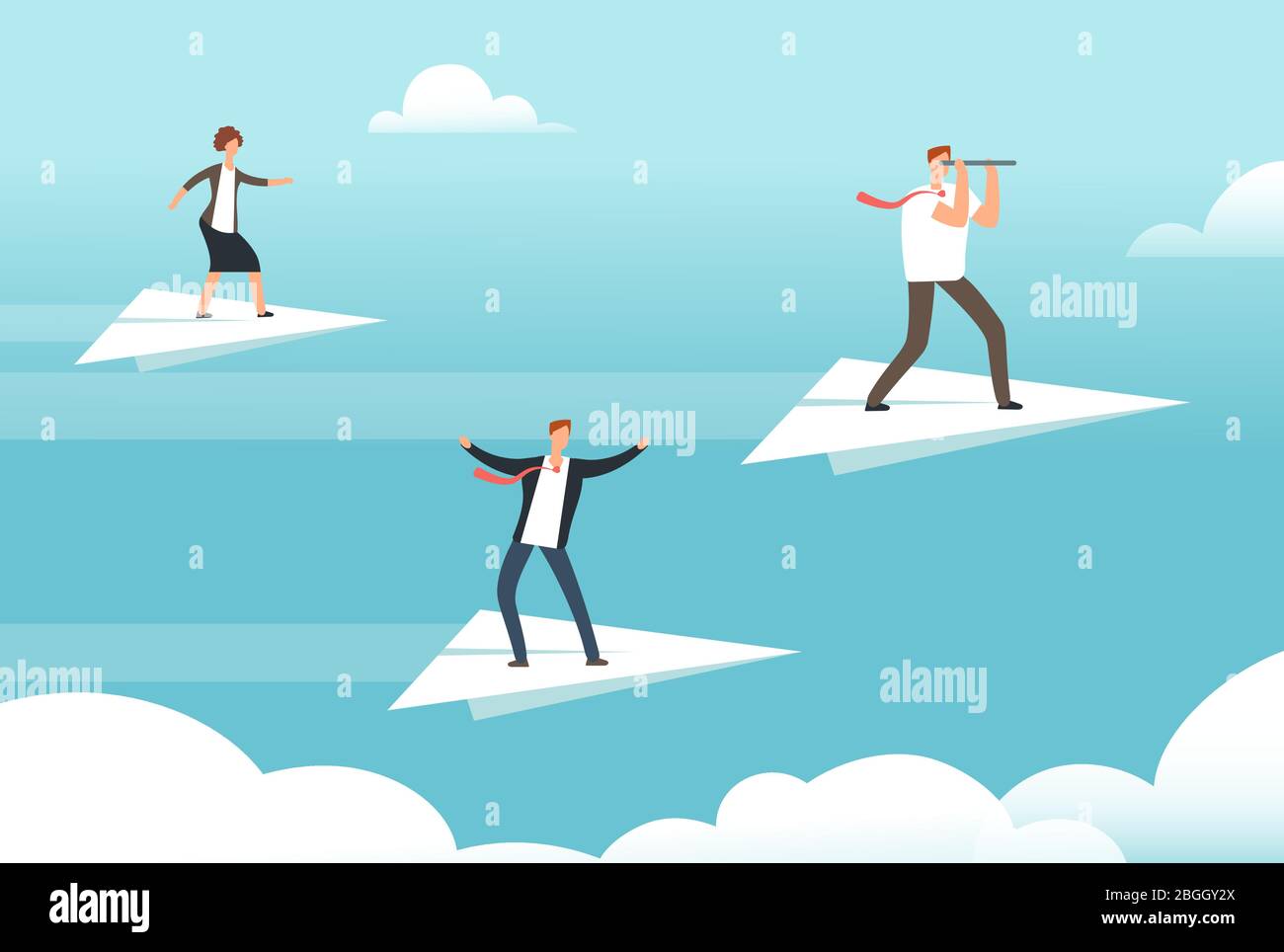 Business-Team auf Papier Flugzeuge. Chancen, Teamarbeit und neues Leader-Flat-Konzept. Teamwork und Führer auf dem Flugzeug, Führung in Himmel Illustration Stock Vektor