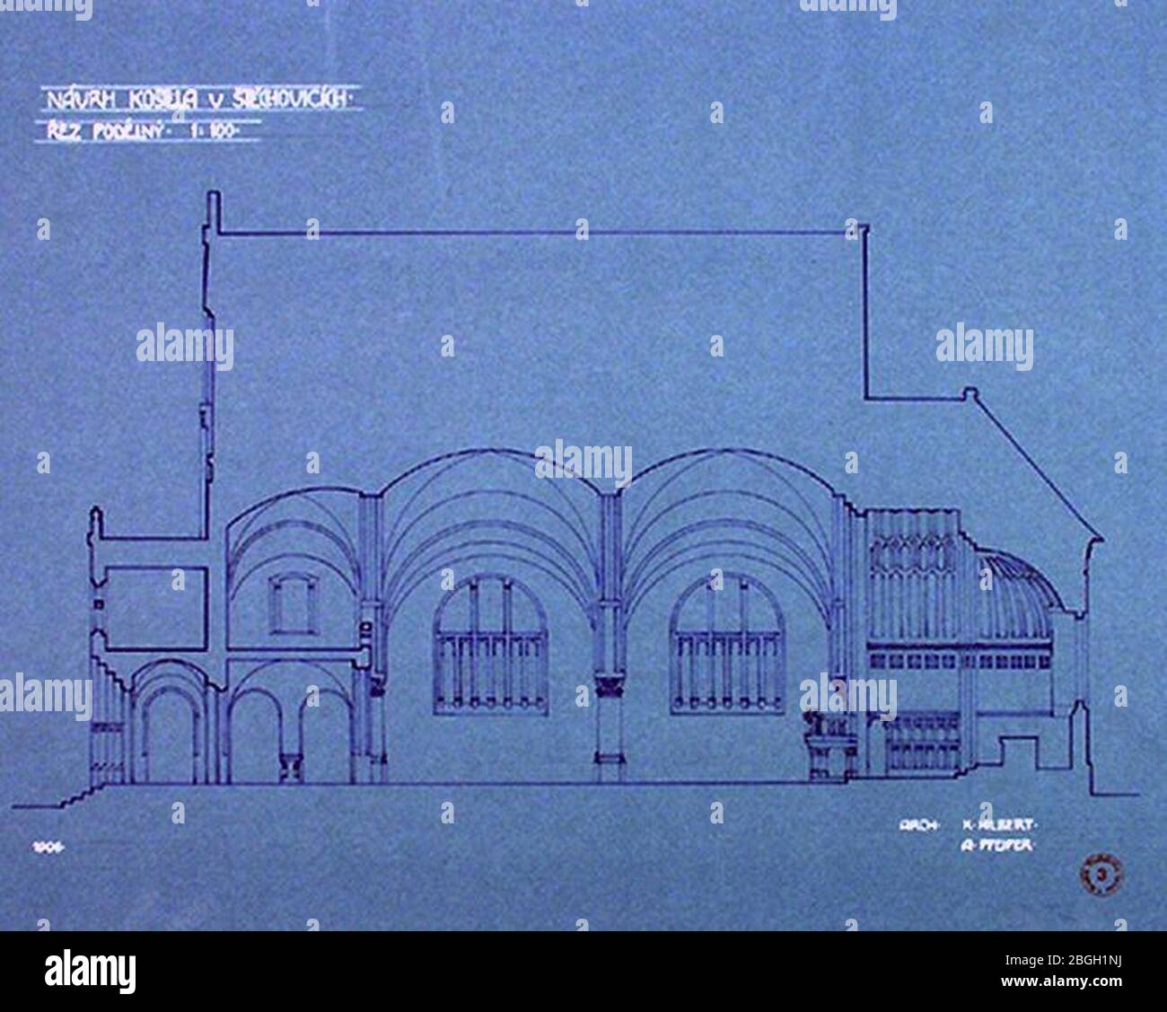 Hilbert Kamil Pfeifer Antonín - Návrh kostela ve Štěchovicích podélný řez (1906). Stockfoto