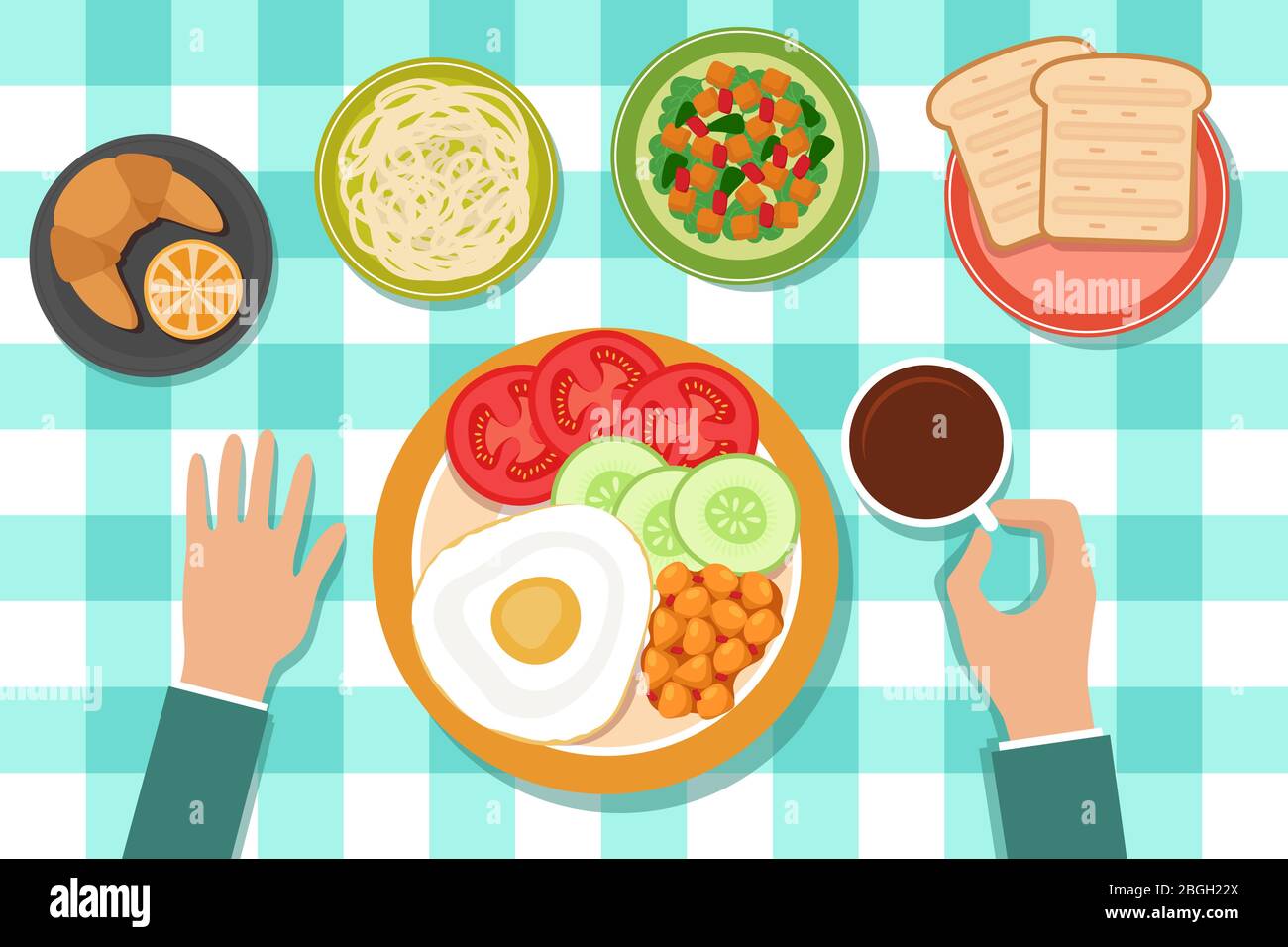 Frühstück Essen auf Tellern und Mann Hand auf dem Tisch. Vektorgrafik Draufsicht. Speisen auf dem Tisch, Tee trinken Stock Vektor
