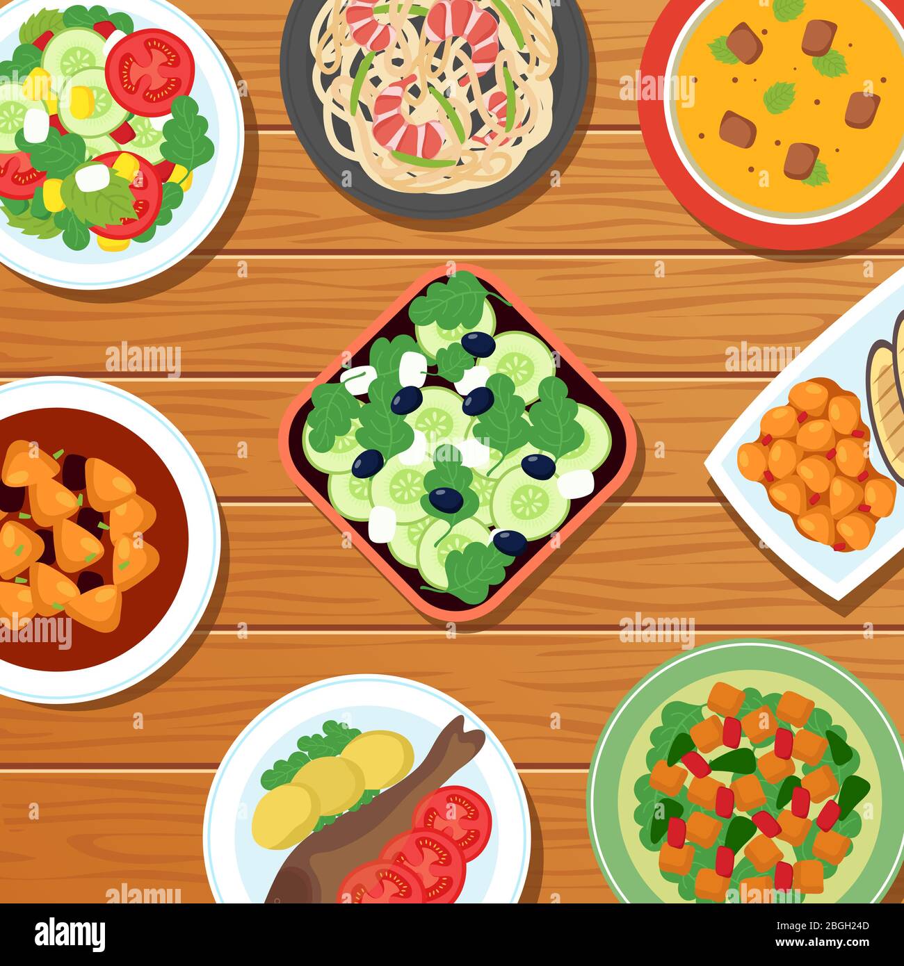 Gesundes asiatisches thai-Essen auf dem Tisch. Gemüse, Fleisch und Fisch Lebensmittel Gerichte Vektor-Illustration. Küche thailand, Meeresfrüchte und orientalische Salate Stock Vektor