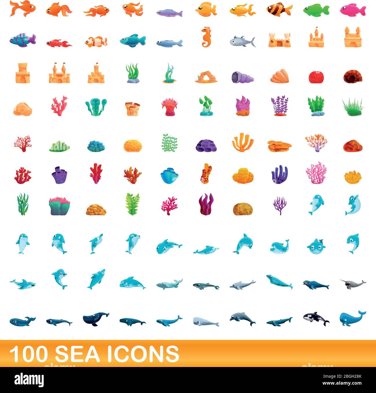 100 SEA-Symbole festgelegt. Cartoon Illustration von 100 SEA Icons Vector auf weißem Hintergrund isoliert gesetzt Stock Vektor