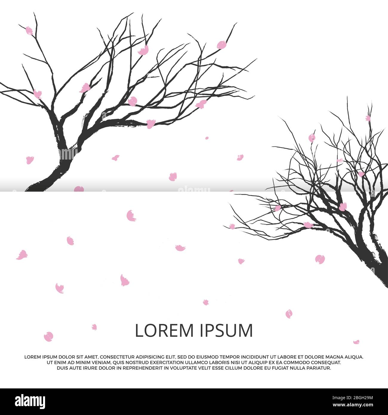 Grunge Sakura Silhouette und fliegende rosa Blätter. Romantische japanische Vektor Banner Vorlage Illustration Stock Vektor