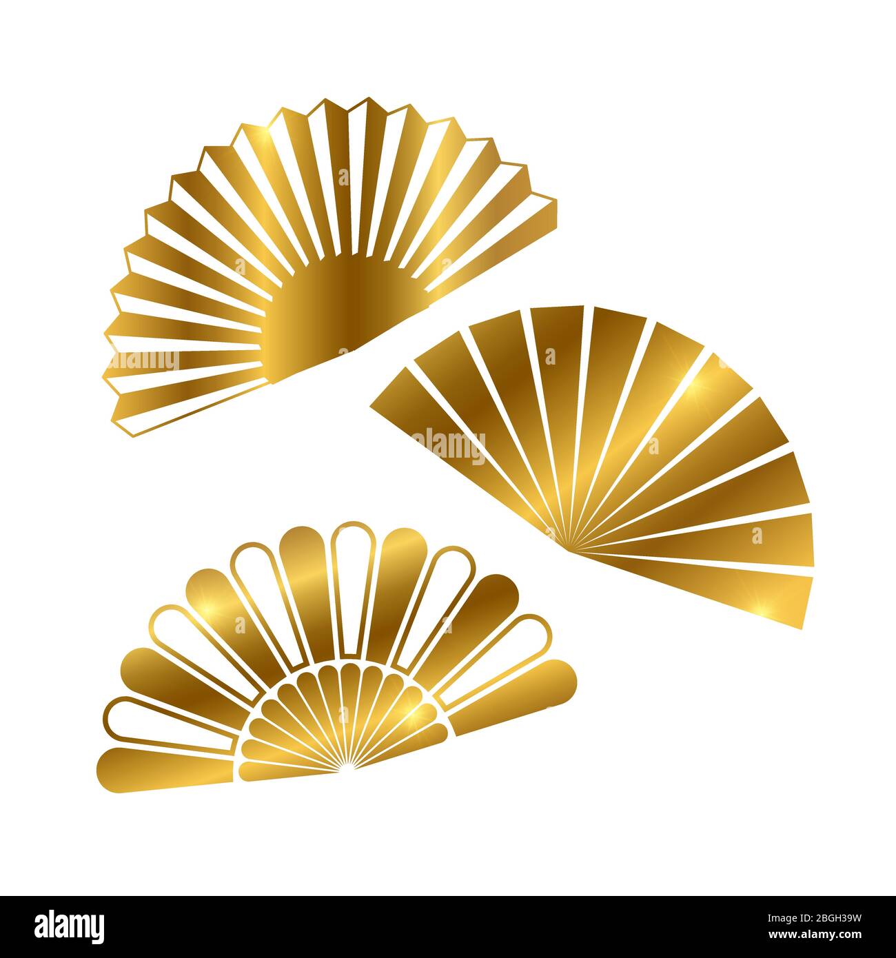 Goldene Hand Fan von Set isoliert auf weißem Hintergrund. Vektorgrafik Stock Vektor