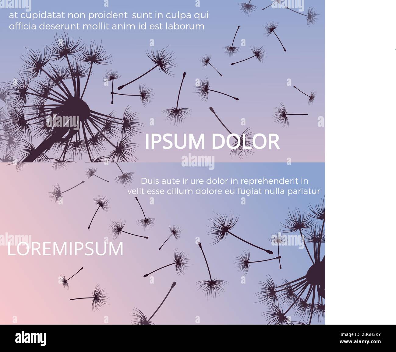 Löwenzahn Silhouetten und fliegende Samen Banner Poster Design. Vektorgrafik Stock Vektor