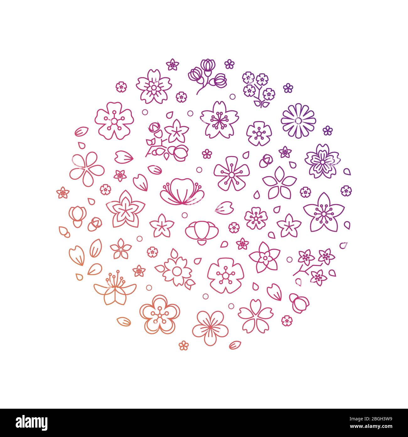 Blüte Blumen dünne Linie Symbole isoliert auf weißem Design. Vektorgrafik Stock Vektor
