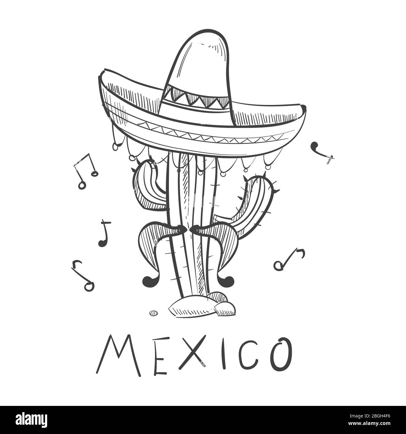 Mexiko Skizze Kaktus in Sombrero - Hand gezeichnete mexikanische Symbole drucken. Vektorgrafik Stock Vektor