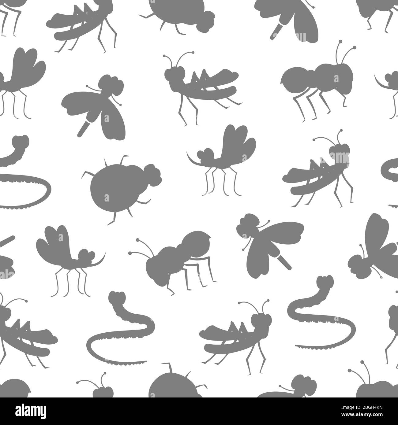 Insekt graue Silhouetten auf weißem nahtlosen Hintergrund Muster Design. Vektorgrafik Stock Vektor