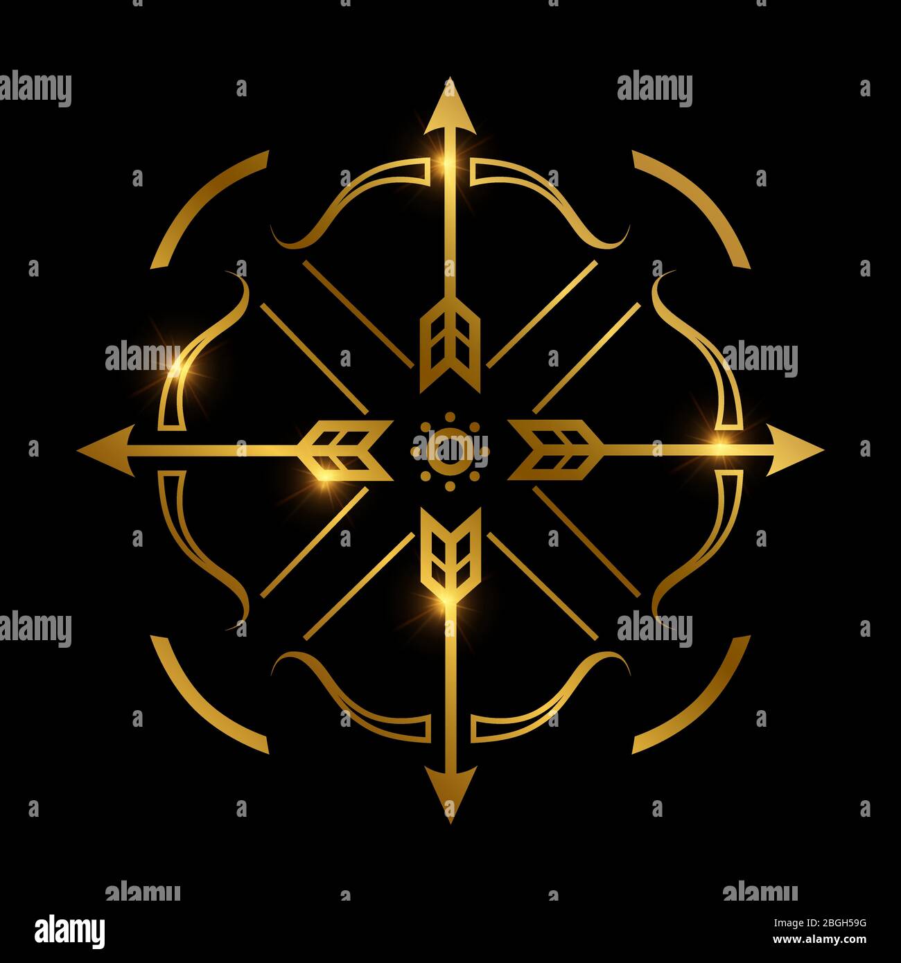 Goldene Schleife und Pfeile auf schwarzem Hintergrund. Bogenschießen Emblem Vektor Design Illustration Stock Vektor