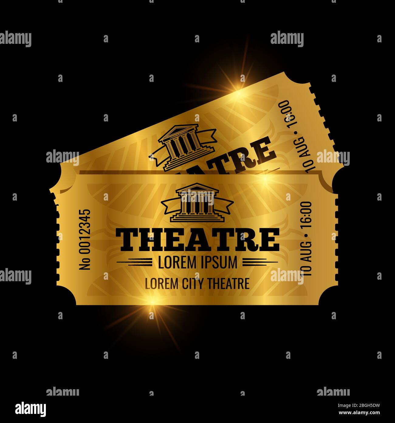 Vektorvorlage für Tickets im Vintage-Theater. Vektor goldene Tickets isoliert auf schwarzem Hintergrund. Illustration des Kassenpapiers Eingang zum Kino Stock Vektor