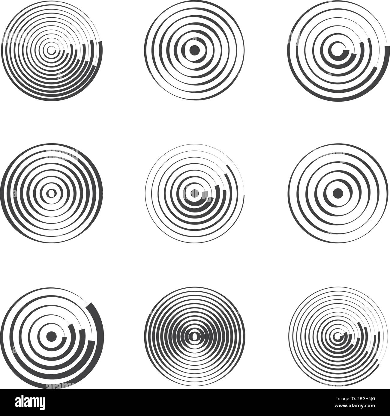 Konzentrische Kreise abstrakte geometrische Vektormuster. Kreisförmige Formen und runde Wellen. Ringe mit radialen Linien. Kreisförmiges radiales Muster, Ringepizentrum-Abbildung Stock Vektor
