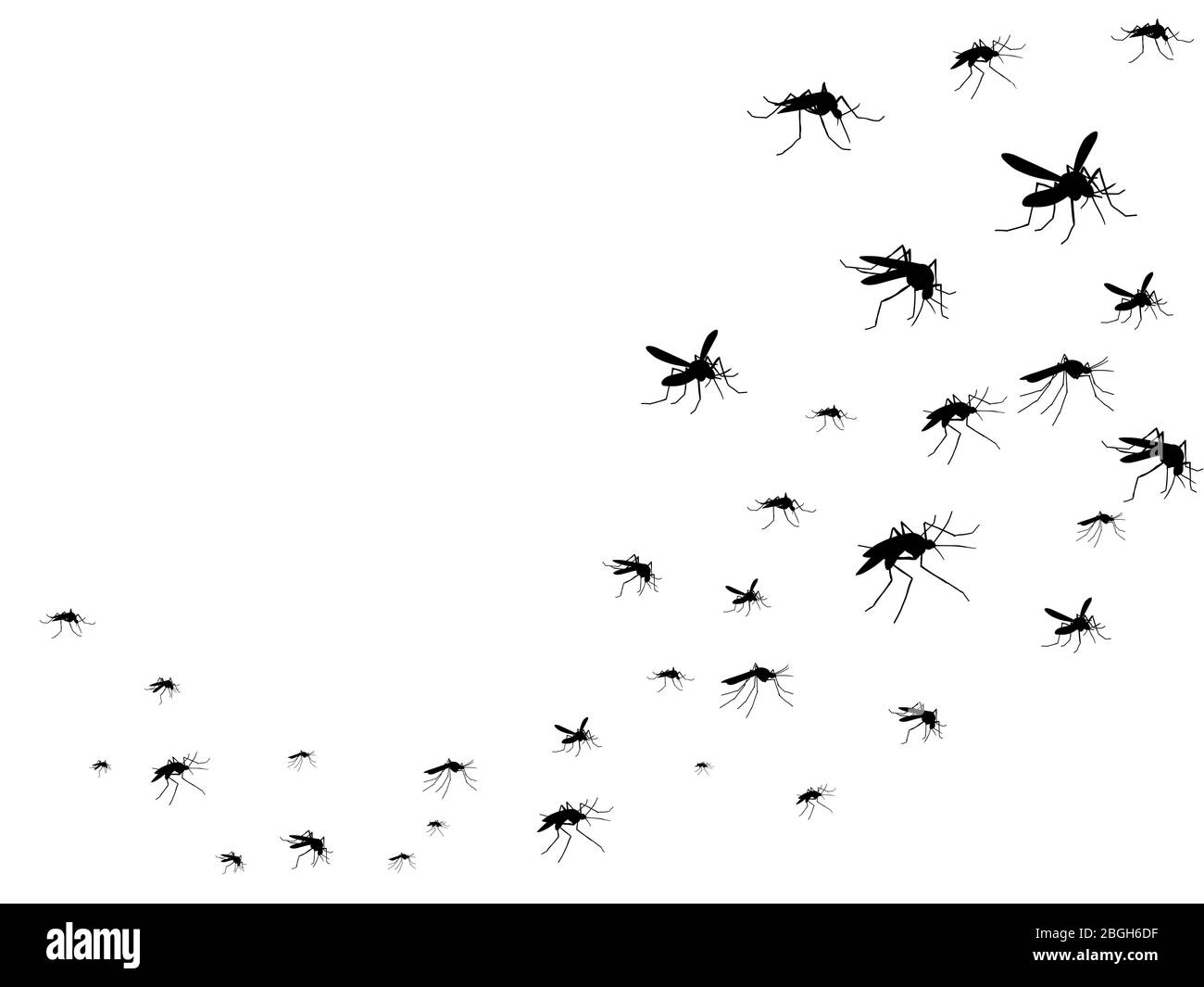 Fliegende Mücken schwarze Silhouette isoliert. Insektenscharen in der Luft. Viren und Krankheiten verbreiten medizinische Vektor-Konzept. Insektenmücke schwarze Silhouette, Mücke und Schädlingsillustration Stock Vektor
