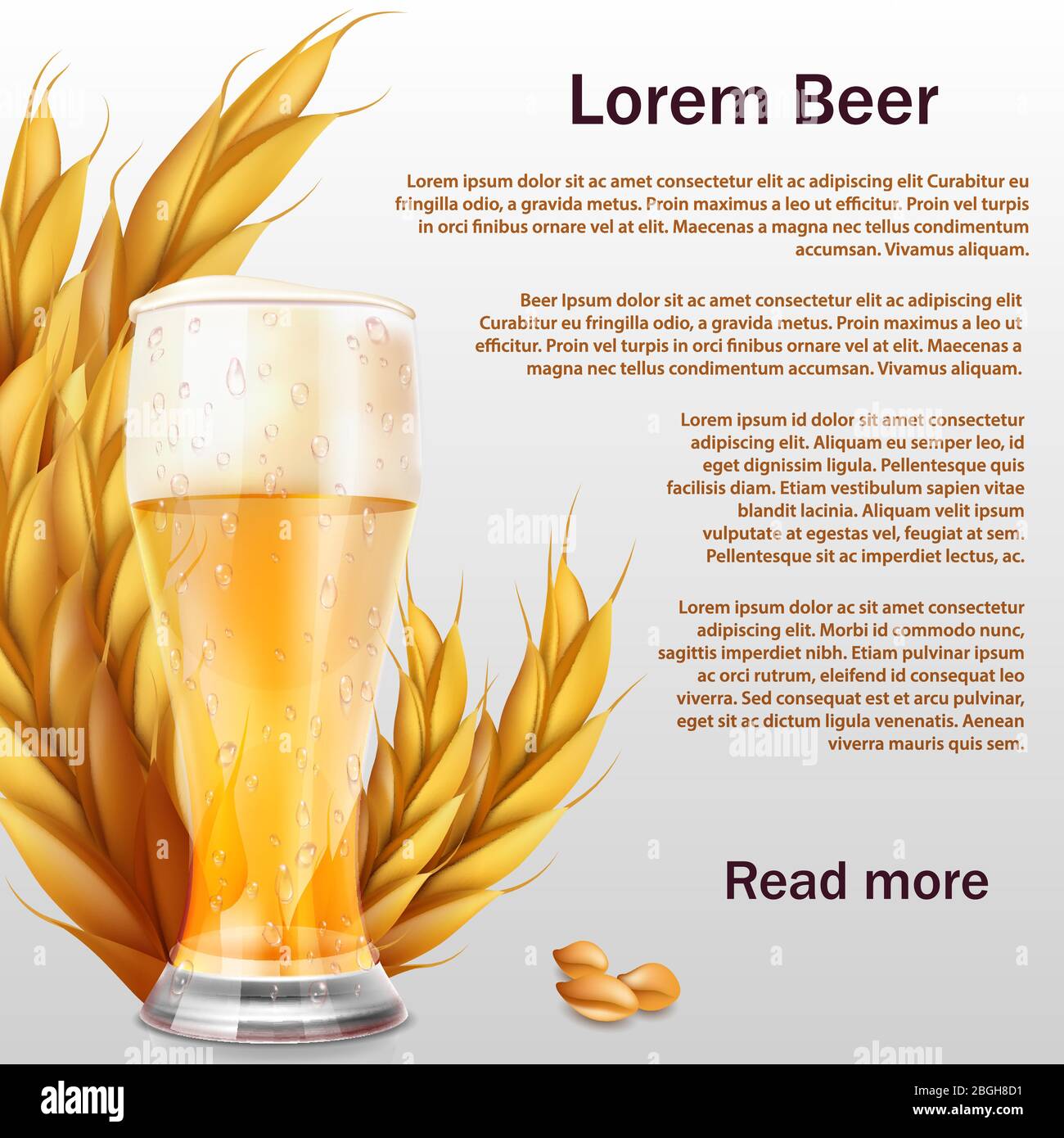 Realistische Bierglas mit Ähren von Getreide Vektor Hintergrundvorlage. Illustration von Alkohol und Getreide für die Brauerei trinken Stock Vektor