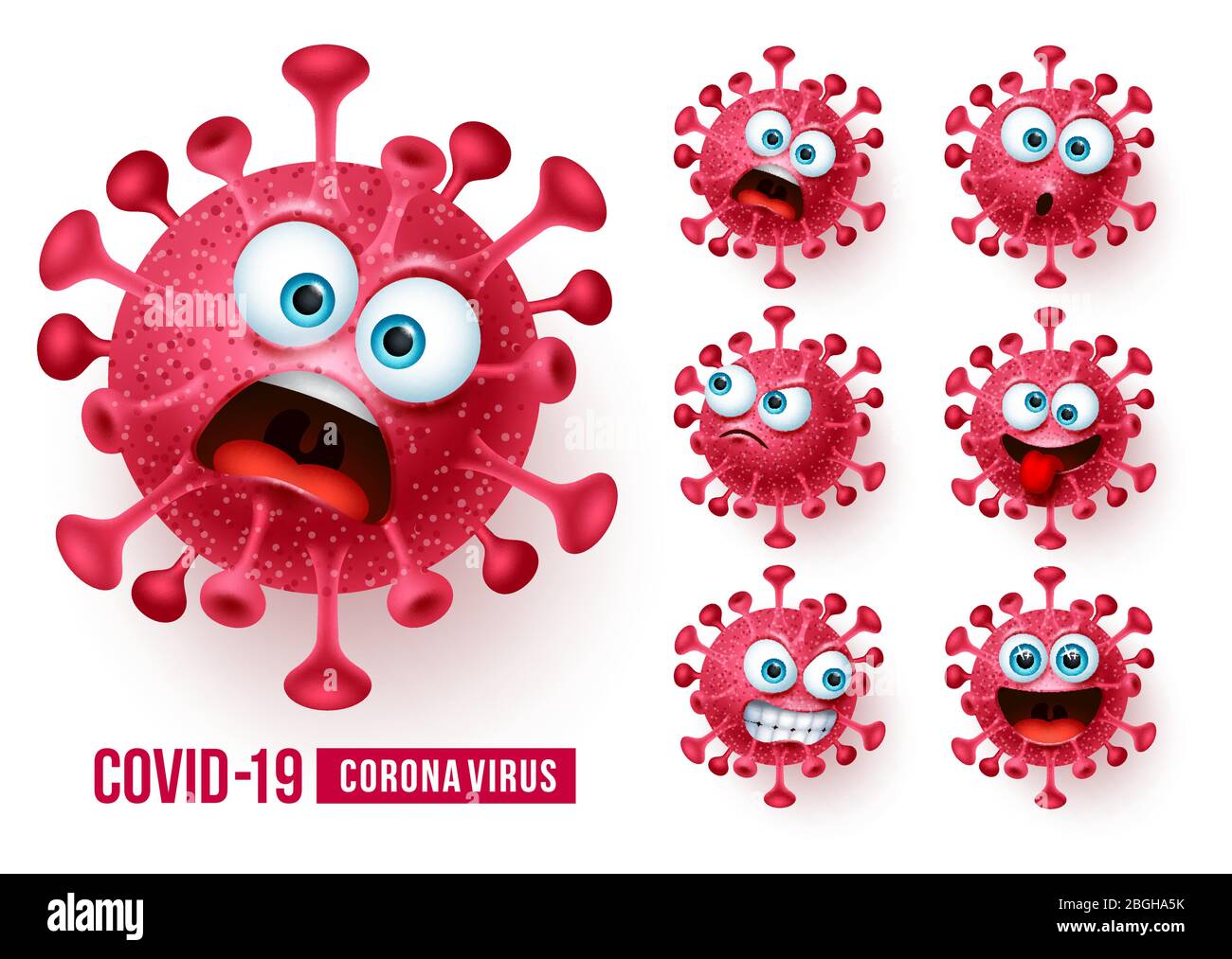 Covid19 Corona Virus Emojis Vektor-Set. Covid-19 Coronavirus Emojis und Emoticons mit gruseligen und wütenden Gesichtsausdrücken in weißem Hintergrund. Stock Vektor