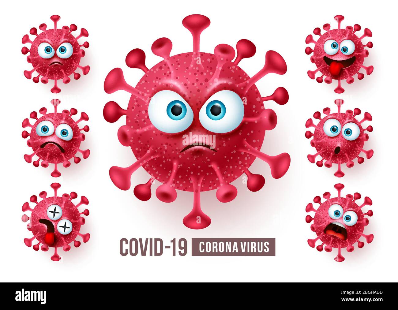 Corona Virus covid19 Emoji-Vektor-Set. Covid19 Corona Virus Emojis und Emoticons mit wütenden und beängstigenden Gesichtern für globale Pandemie Ausbruch. Stock Vektor