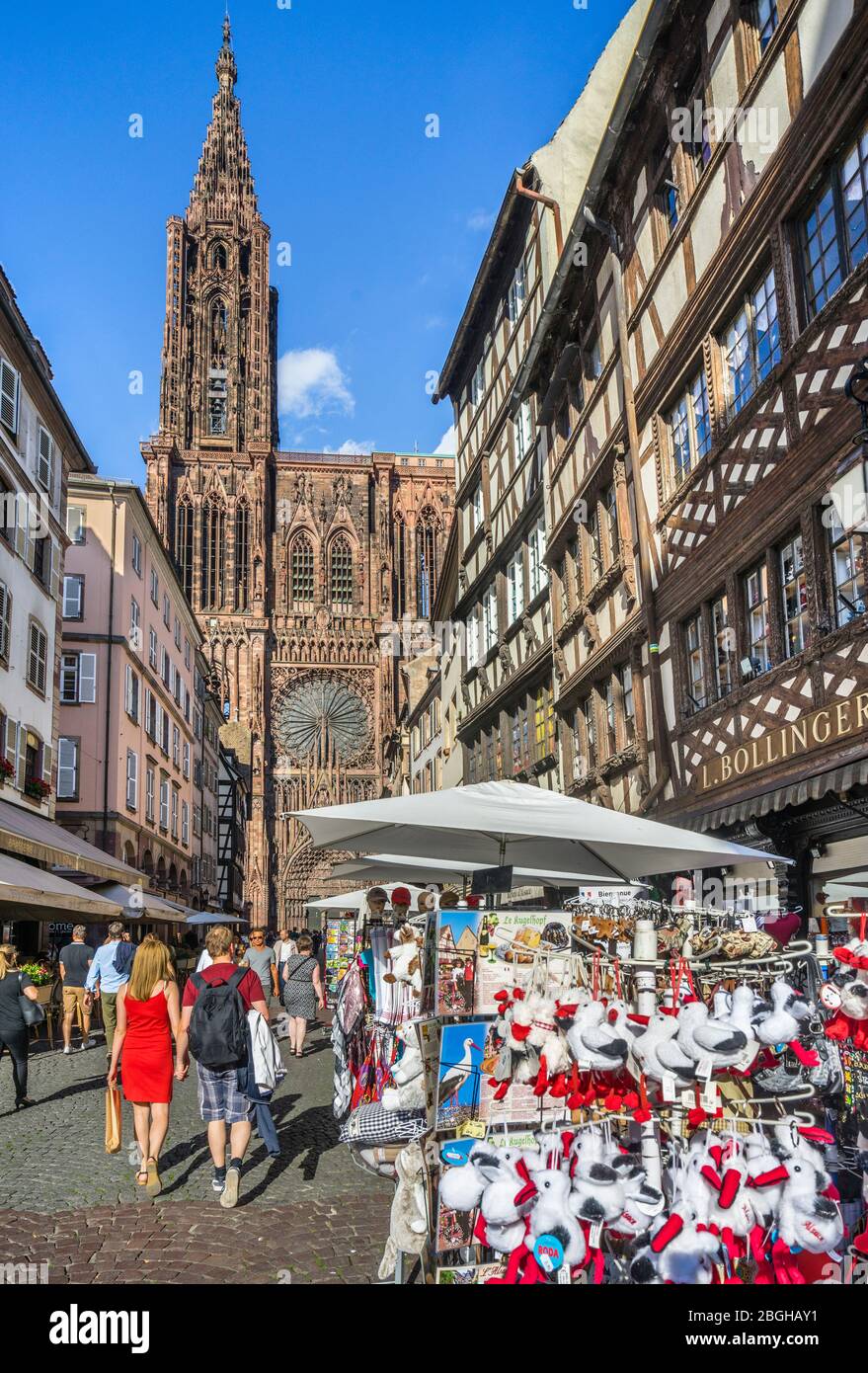 Souvenirstände in der Rue Mercière vor der Kulisse des Straßburger Doms im Westen von façade, Straßburg, Elsass, Frankreich Stockfoto