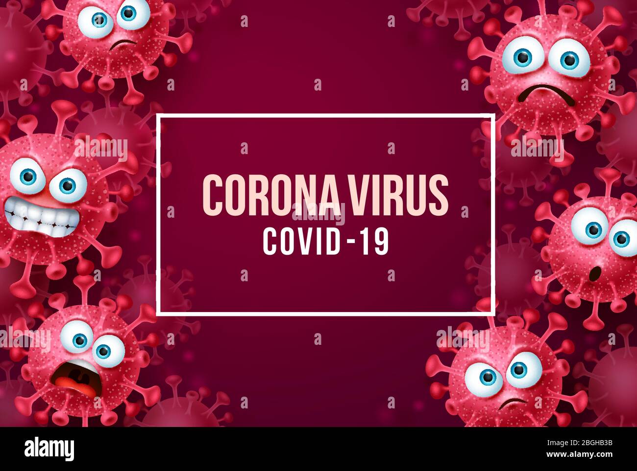 Corona Virus covid-19 Vektor Hintergrund. Corona Virus Hintergrund mit covid-19 Emojis und Emoticons und Text in roten Leerraum. Vektorgrafik. Stock Vektor