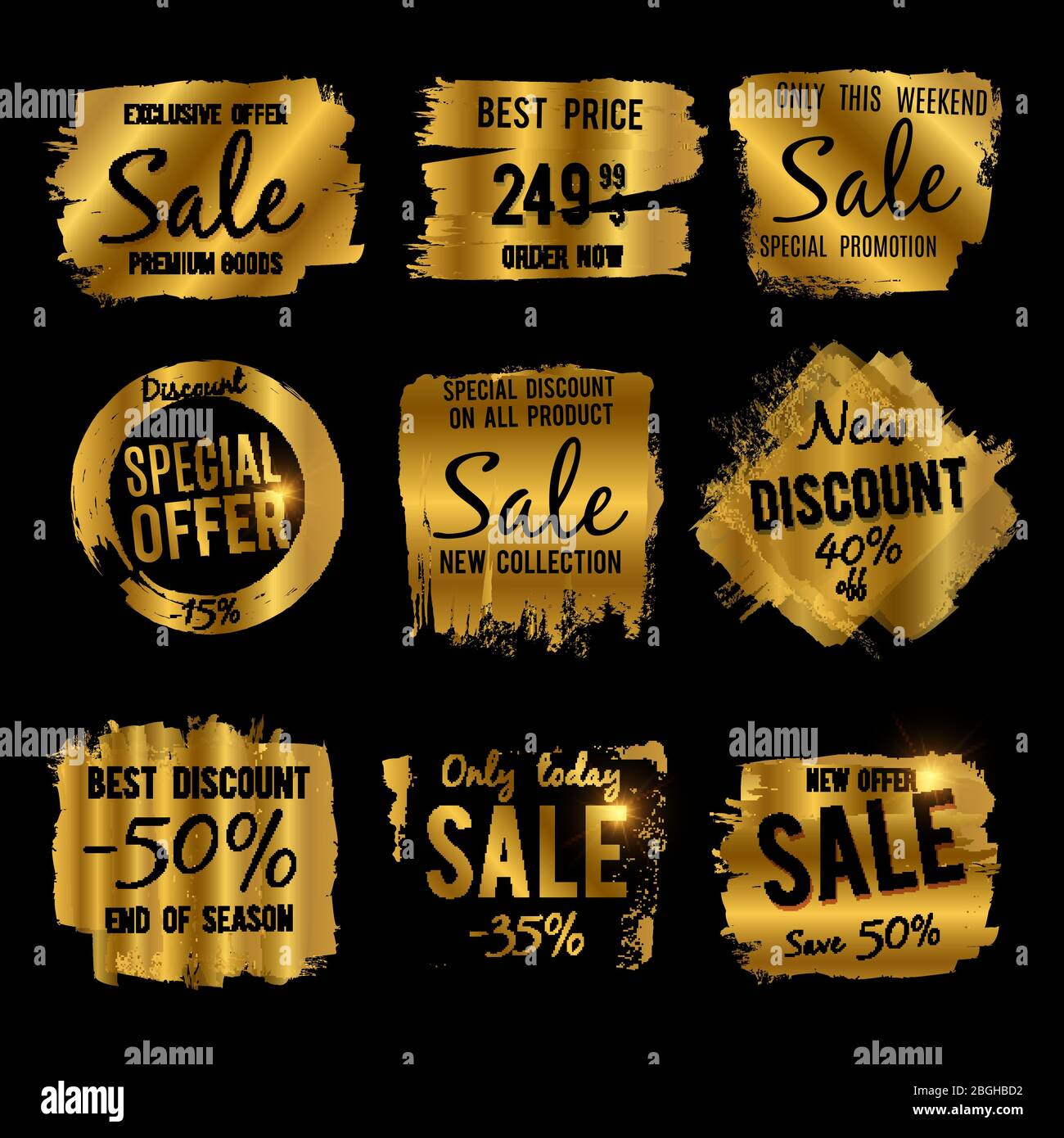 Golden Rabatt und Preisschild, Verkauf Banner mit Grunge gebürstet Rahmen und verzweifelte Texturen Vektor-Set. Luxus Verkauf Etiketten Design. Rabatt Preis Label Banner, bieten Grunge Illustration Stock Vektor