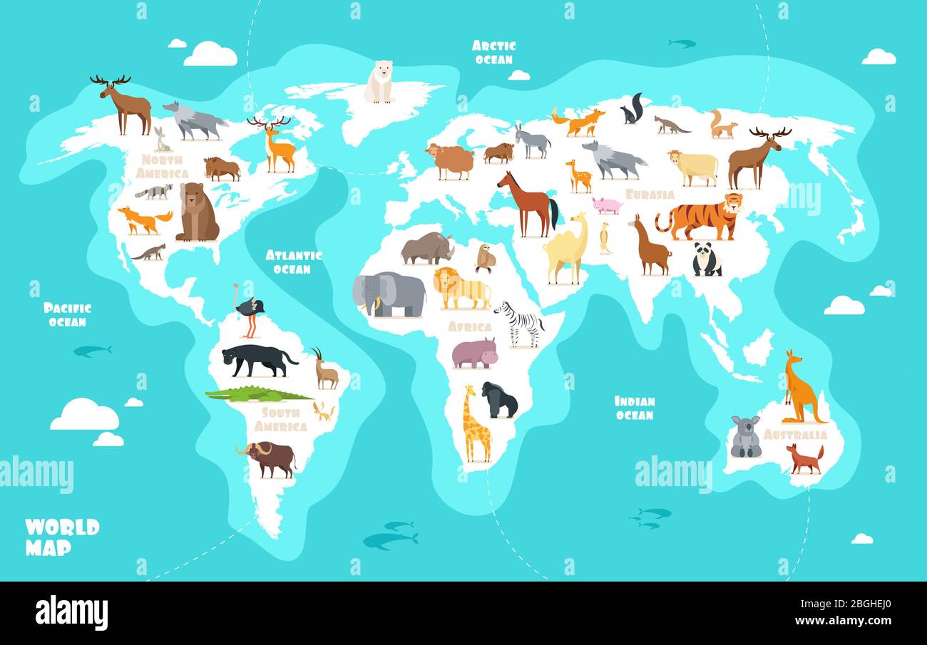 Weltkarte mit Tieren. Erde Entdeckung lustig Kinder Geographie Vektor Illustration. Tiergeographie Welt, Tierwelt eurasien afrika und amerika Stock Vektor