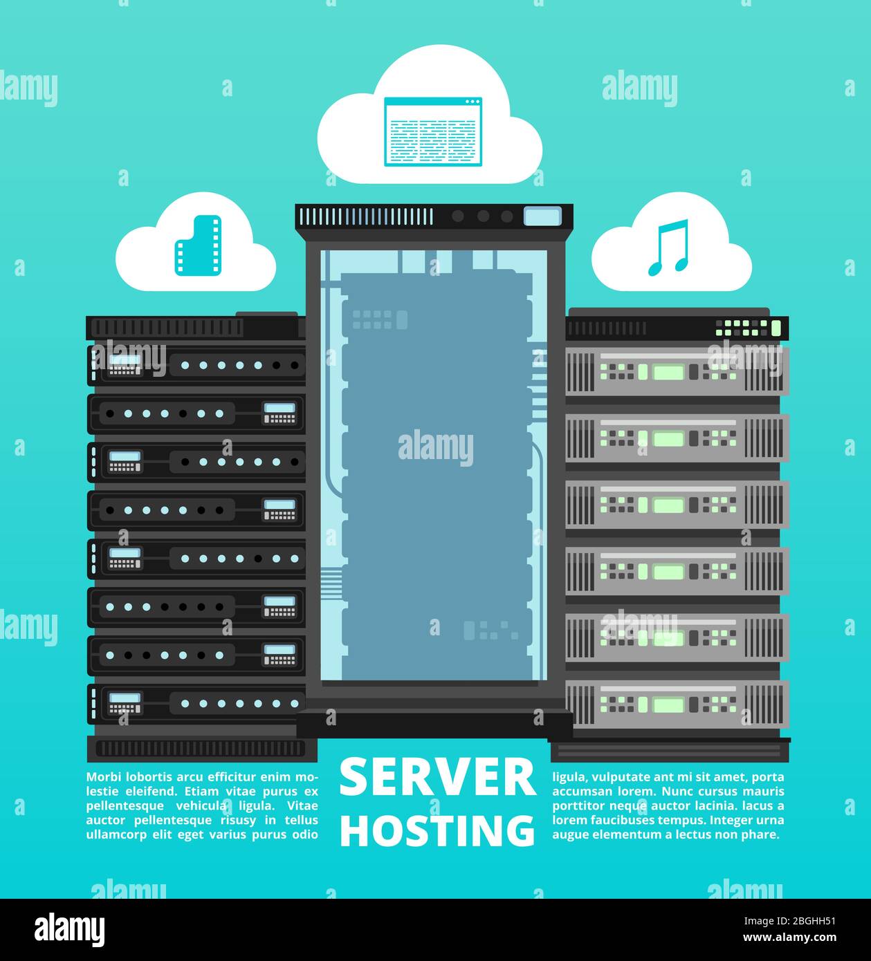 Website Cloud Hosting, digitale Datenspeicherung und Computer-Server unterstützen Vektor-Konzept. Cloud of Network, Digital Hosting Storage Illustration Stock Vektor