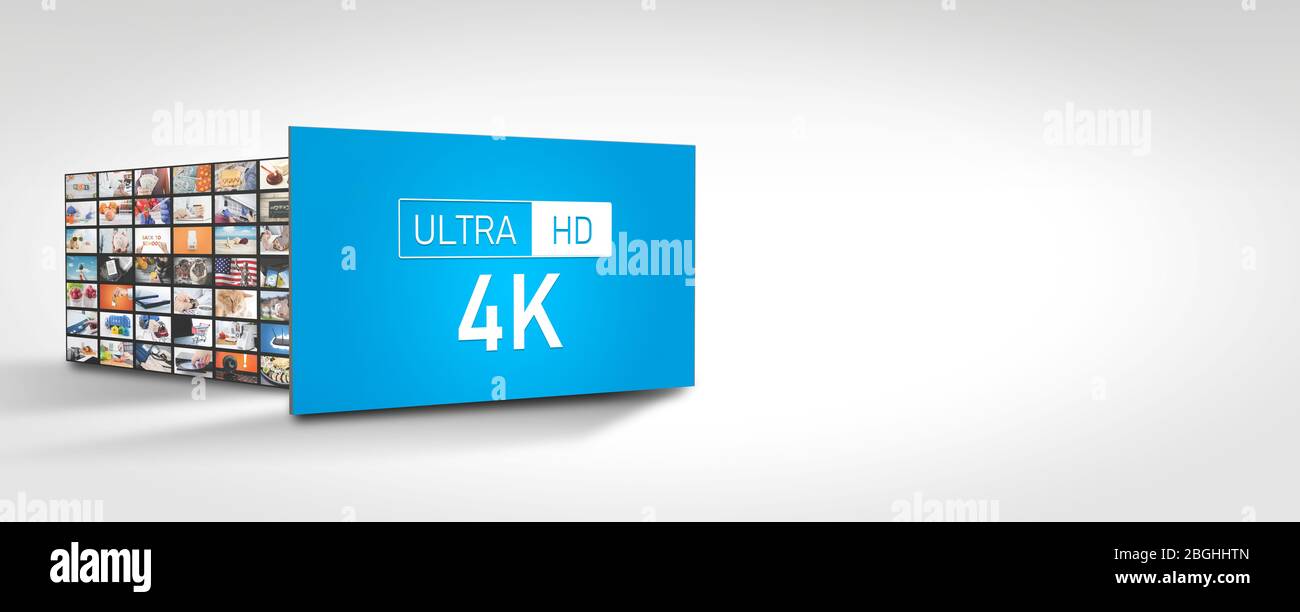 Hochauflösender 4K Fernseher. Multimedia-Panel des Fernsehers. Web Banner Bild mit Kopierbereich Stockfoto