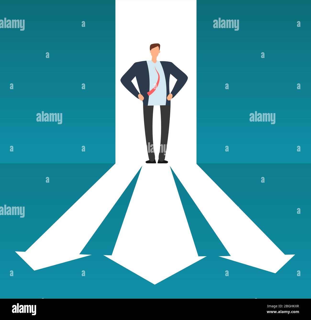 Geschäftsmann Blick auf Weg mit vielen Richtungen. Erfolg Business Choice und Investment Risque Vektor-Konzept. Richtung Weg Straße, Geschäftsmann Plan und Leitfaden Strategie für die Business-Illustration Stock Vektor