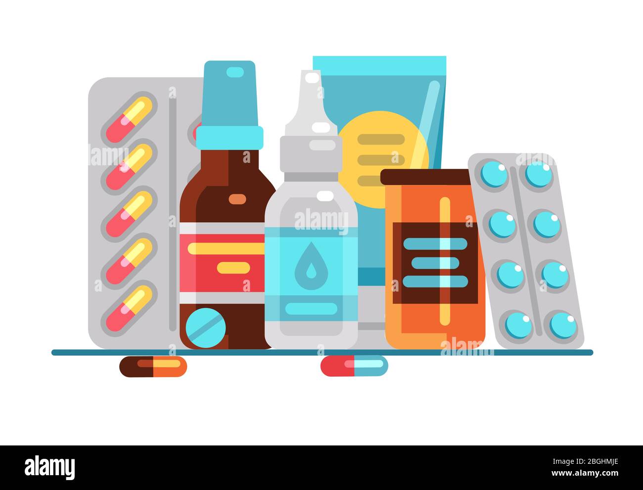 Medizinische Pillen und Flaschen. Gesundheitswesen, Medikamente, Apotheken oder Drogeriemarkt Vektorkonzept. Illustration von Arzneimittel, Gesundheitsflasche Stock Vektor