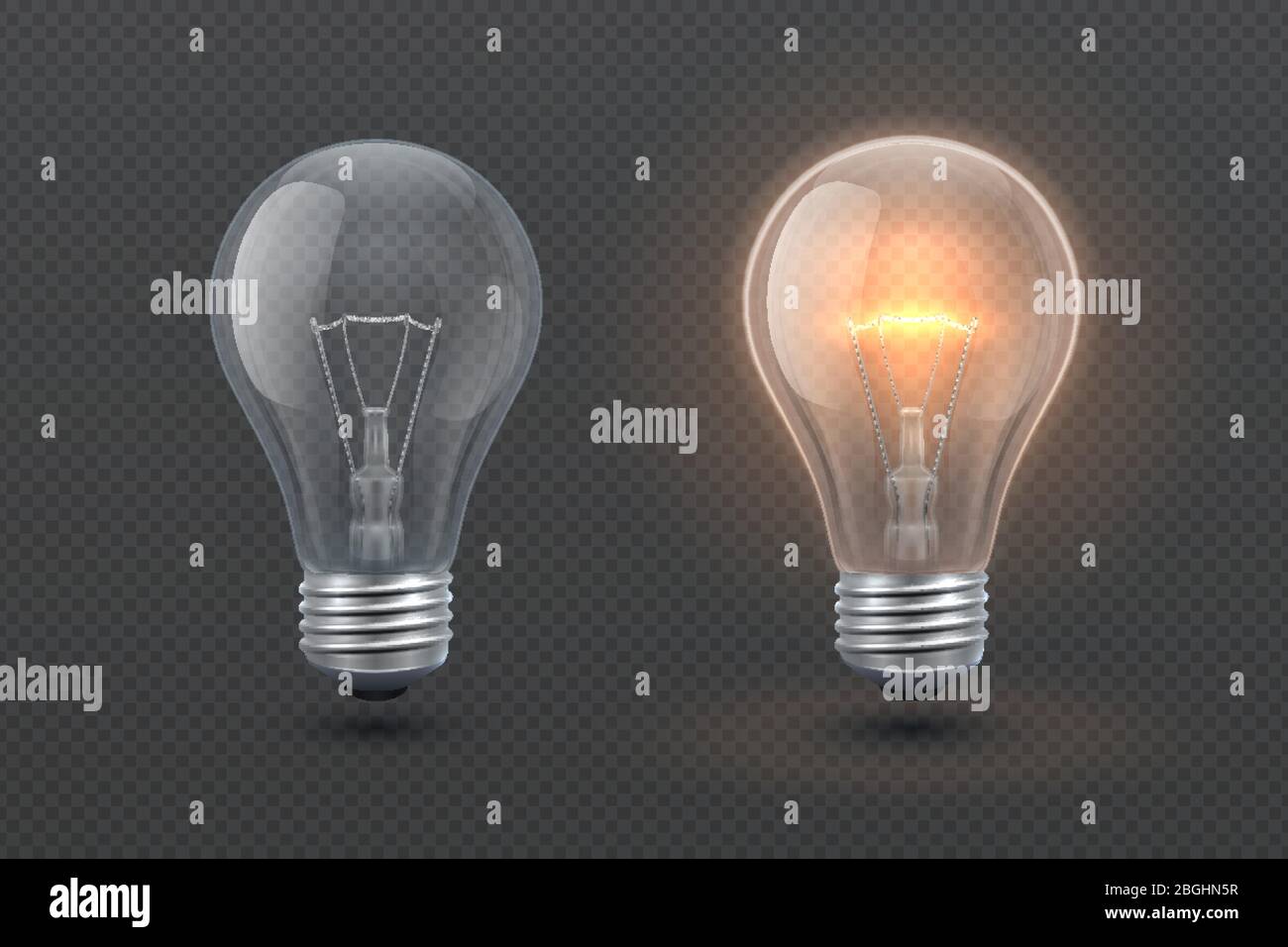 Realistische glühende elektrische Glühbirne isoliert auf transparentem Hintergrund. Vektorgrafik für Kreativität und Ideenkonzept. Lampe elektrisch, elektrische Glühbirne leuchten hell Stock Vektor