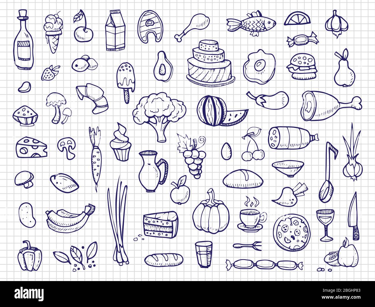 Handgezeichnete Lebensmittel, Gemüse, Getränke, Snacks, Fast-Food-Doodle Vektor-Symbole. Illustration von köstlichen Käse und Eier, Süßigkeiten und Pizza Stock Vektor