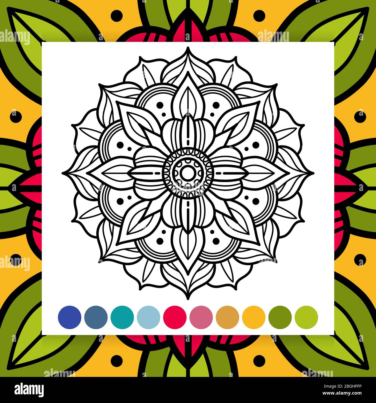 Orientalisches Blumen-Mandala. Antistress Erwachsene Malseite mit Farbmuster. Vektorgrafik Stock Vektor