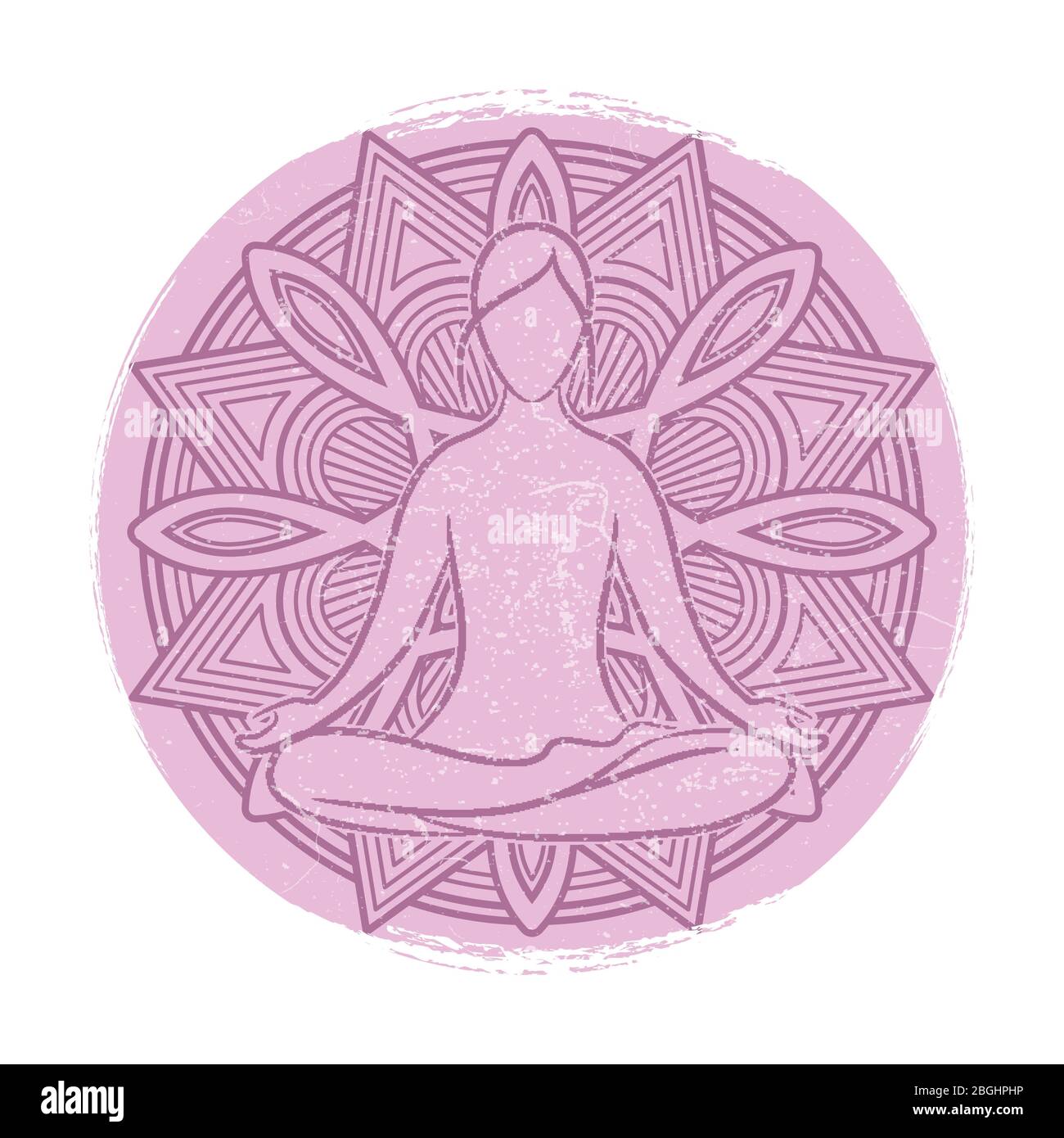 Yoga Grunge Banner Design. Meditation Asana Silhouette und orientalischen Mandala. Vektorgrafik Stock Vektor