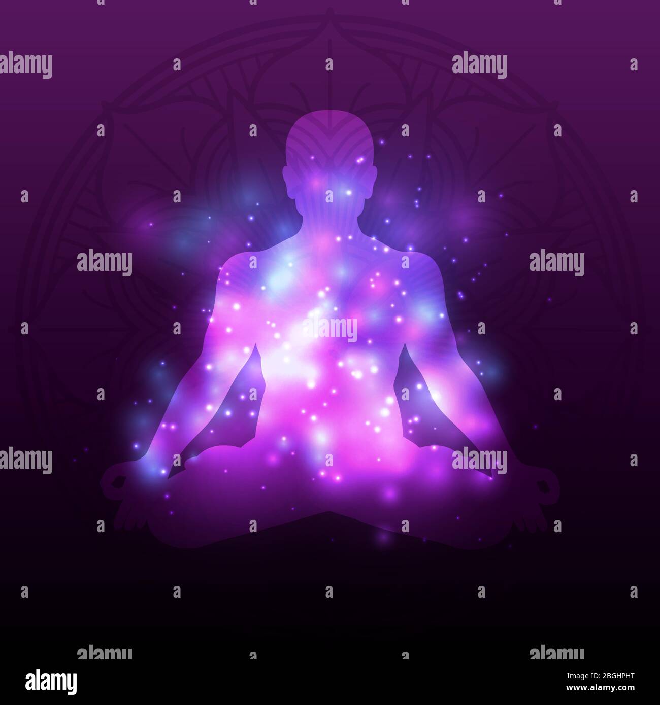 Violette Meditation Silhouette Mandala mit glänzenden Effekt isoliert. Vektorgrafik Stock Vektor