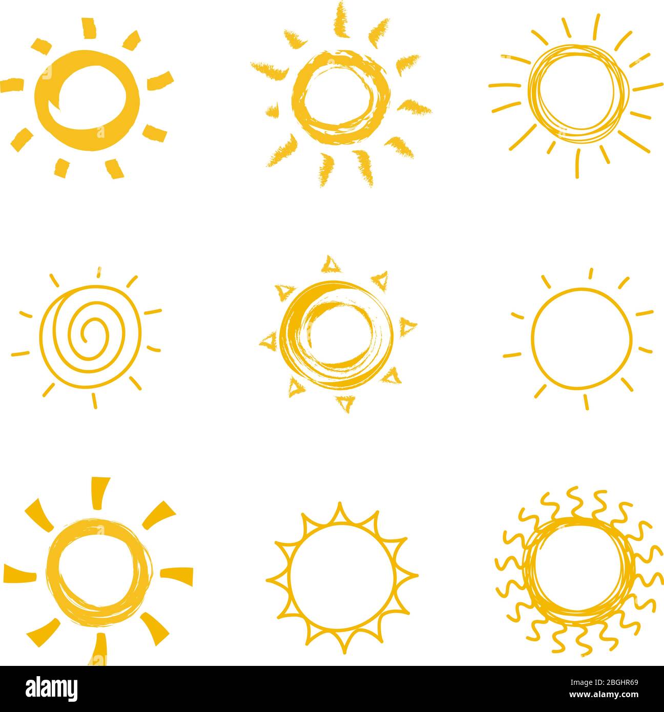 Handgezeichnete Kollektion Shining Sun. Sommer Wärme Vektor Doodle Sonne Symbole. Illustration von Sonne Skizze, Sonne und Sonnenschein Kritzelzeichnung Stock Vektor