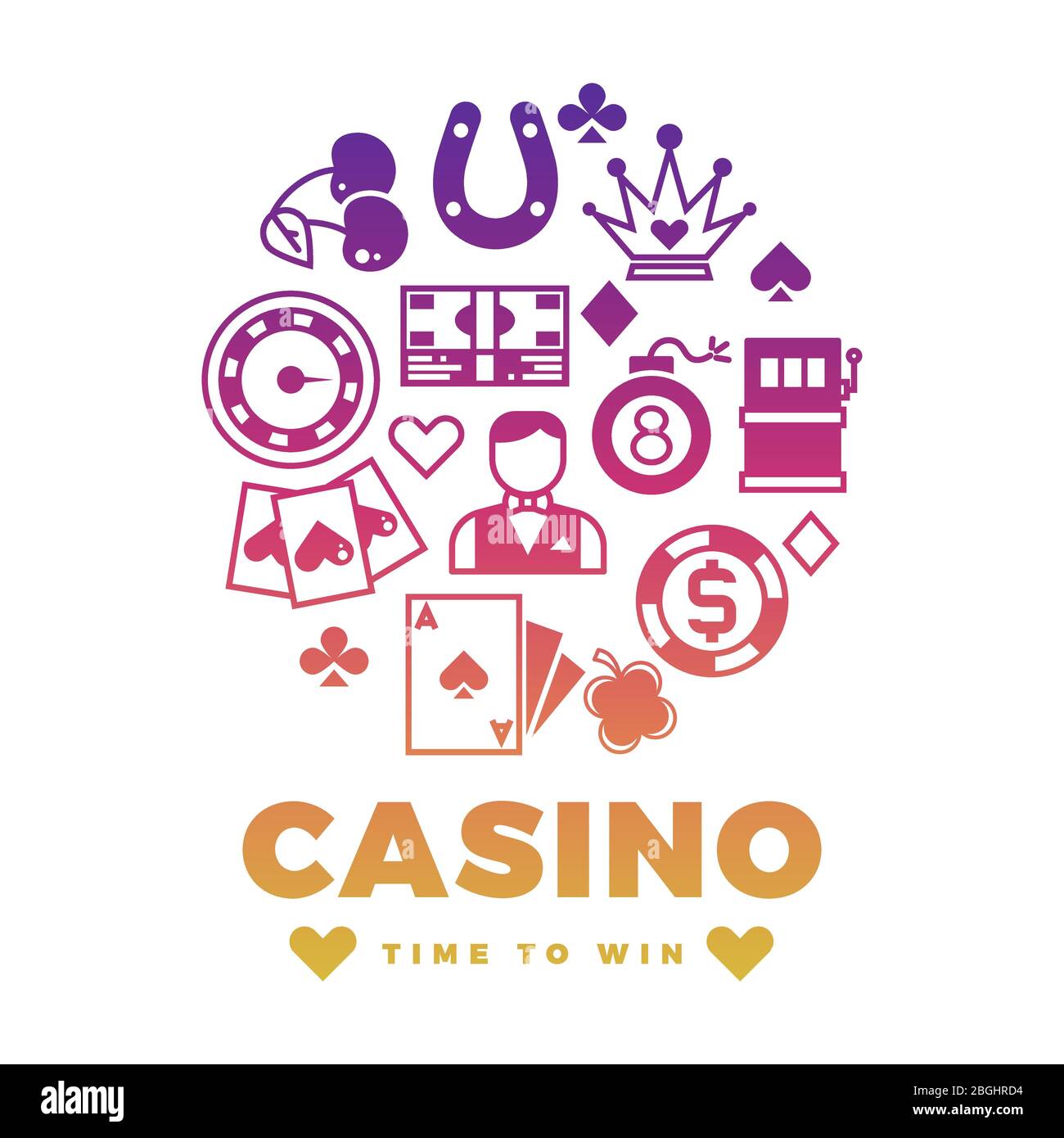 Casino Label Design mit bunten Icons rund-Konzept. Glücksspiel spielen, spielen und gewinnen, Vektorgrafik Stock Vektor