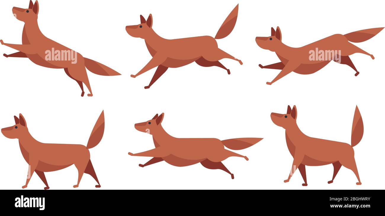 Laufen Cartoon Hund Animation Sprite Blatt Vektor-Set isoliert. Doggy freundlich Lauf Prozess, Tier lustig und spielerisch Illustration Stock Vektor