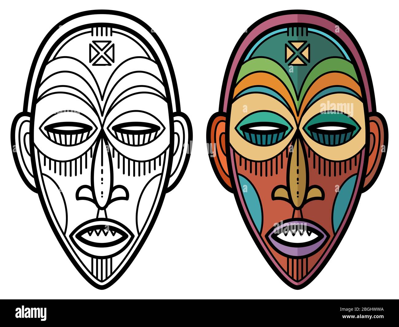 Indische aztec, african, mexikanische historische Tribal Maske Ausmalenseite. Vektorgrafik Stock Vektor