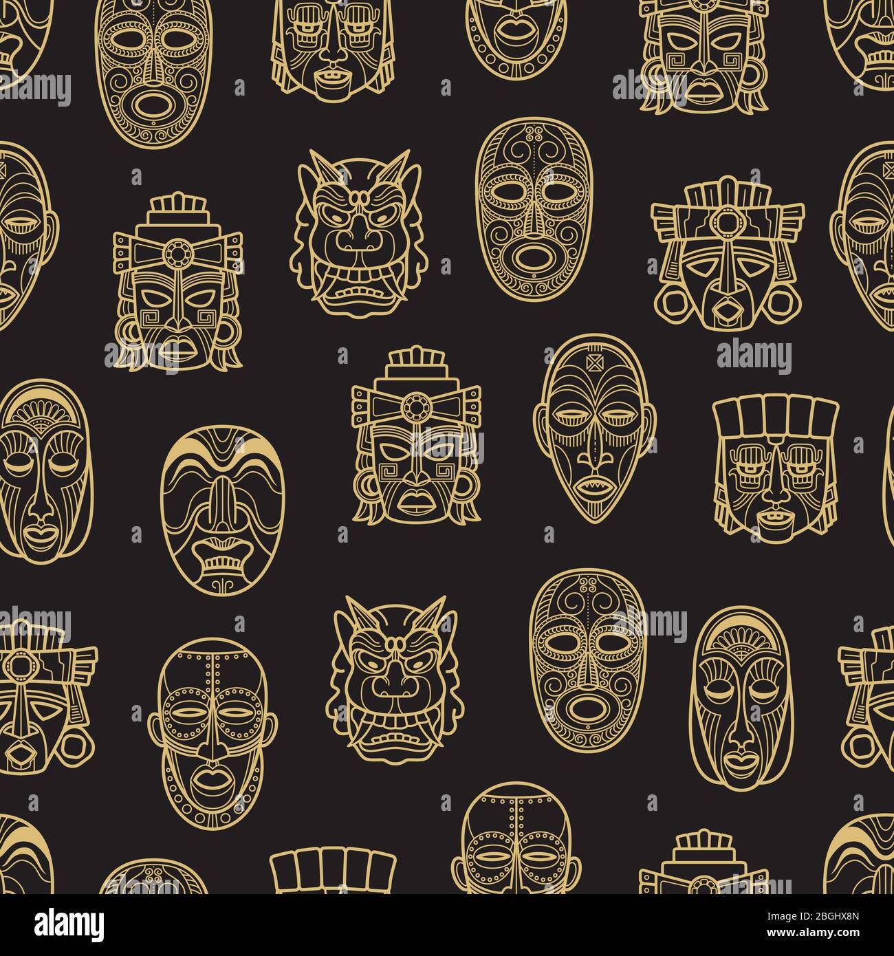 Gold indischen aztec und afrikanischen historischen Stammes Maske nahtlose Muster Hintergrund. Vektorgrafik Stock Vektor