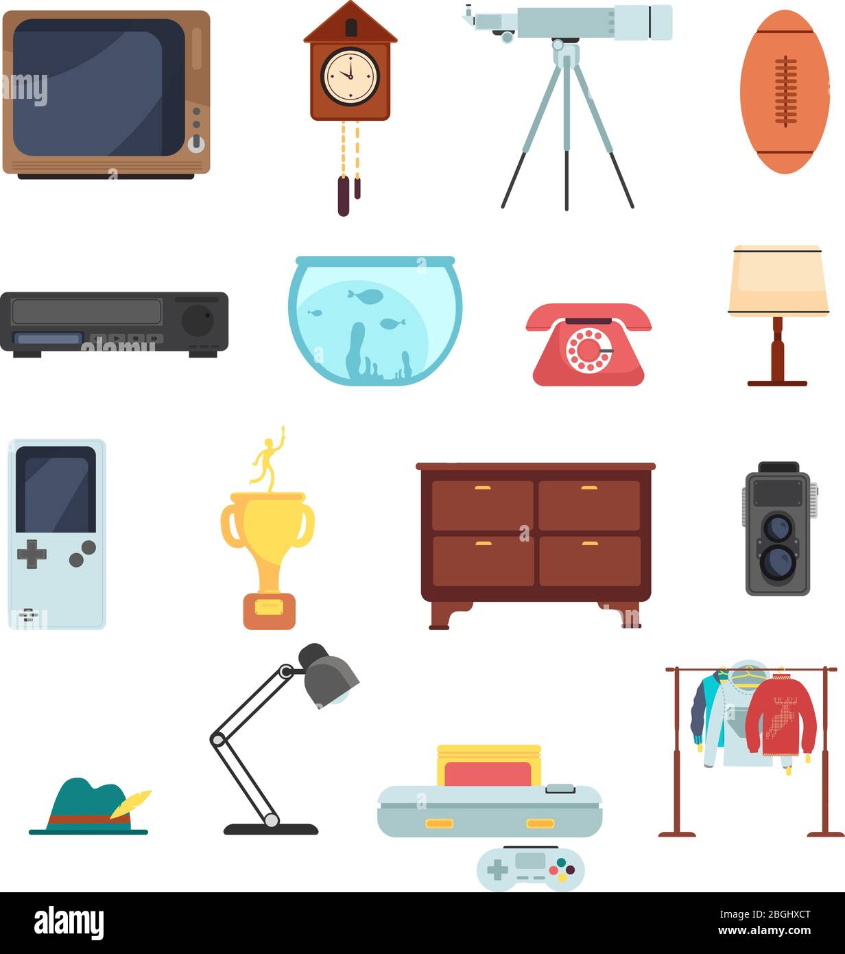 Second Hand Kleidung Vintage Waren Aus Flohmarkt Vektor Set Isoliert Auf Weissem Hintergrund Objekte Antik Fur Markt Garage Teleskop Und Telefon Aquarium Und Lampe Vcr Gerat Illustration Stock Vektorgrafik Alamy