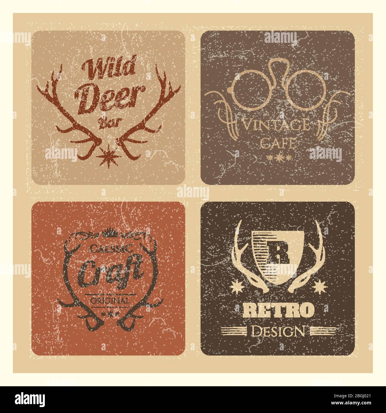 Vintage Hipster Etiketten Set. Trendy Grunge Logo Kollektion Vektor für Café und Markenillustration Stock Vektor