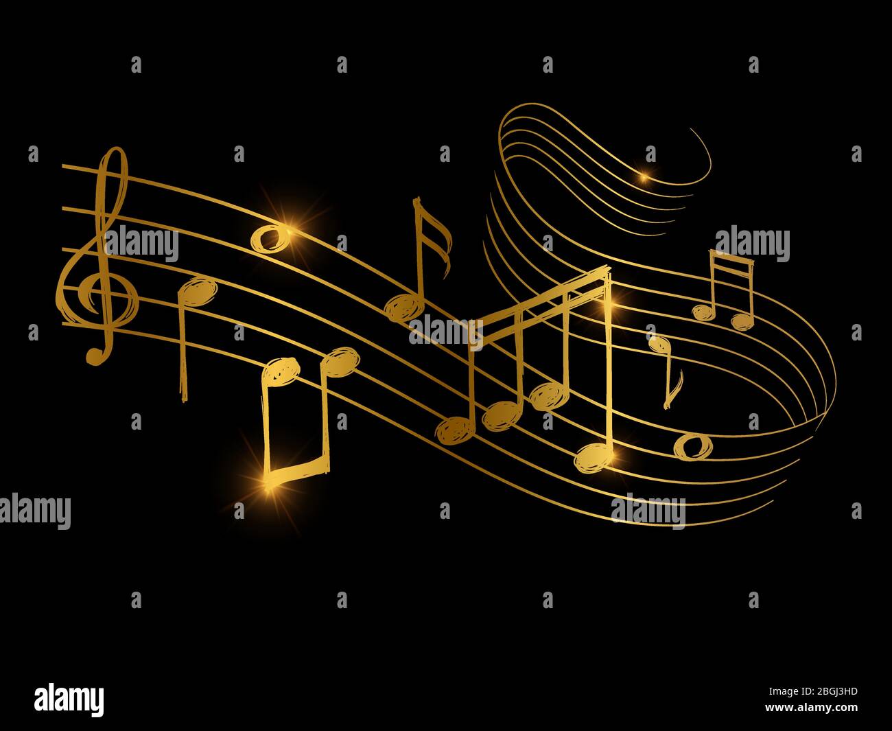 Skizze der goldenen musikalischen Klangwelle mit Noten. Vektorgrafik Stock Vektor