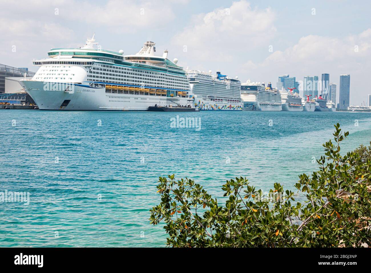 Miami Beach, Florida, Regierung schneidet Wasser in der Biscayne Bay, Hafen von Miami, Schiffe von Kreuzfahrtschiffen dockten leer an, Coronavirus Covid-19 Pandemiekrise, economii Stockfoto