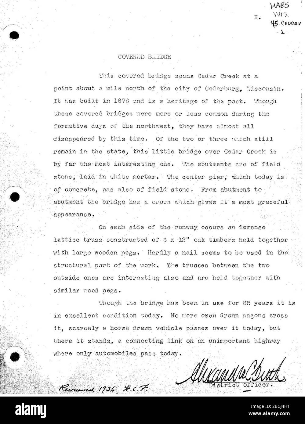 Historische amerikanische Gebäude Übersicht schriftliche Beschreibung der überdachten Brücke, Cedarburg, Wisconsin - 2 von 4. Stockfoto