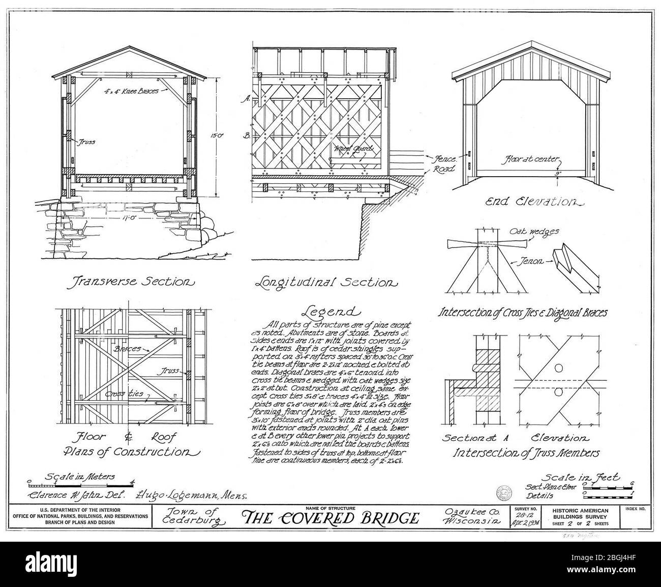 Historische amerikanische Gebäude Übersichtszeichnung der überdachten Brücke, Cedarburg, Wisconsin - 3 von 3. Stockfoto